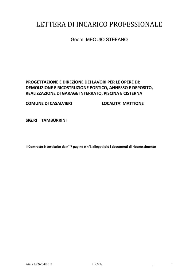 Lettera di incarico professionale a titolo gratuito