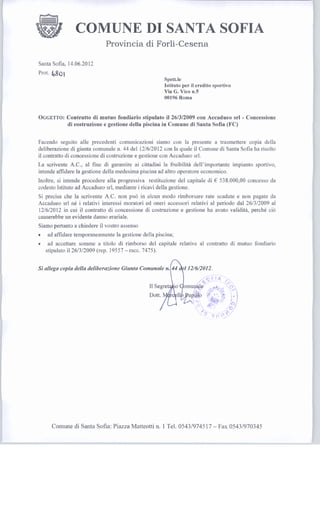 Piscina: lettera del Comune di Santa Sofia all'Istituto per il Credito Sportivo