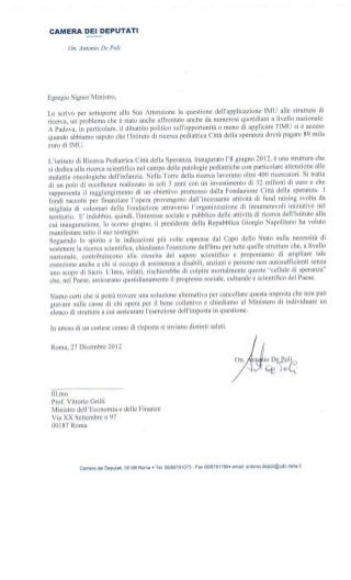Lettera on Antonio De Poli al Ministro Grilli su IMU a Città della Speranza Padova