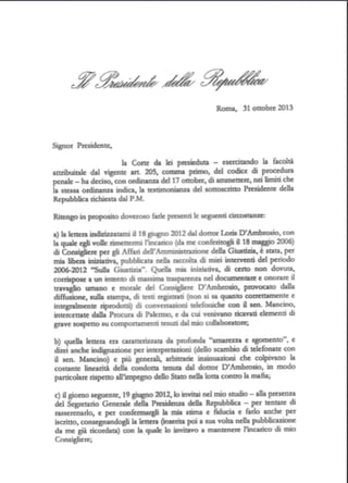 Lettera Napolitano ai giudici di Palermo
