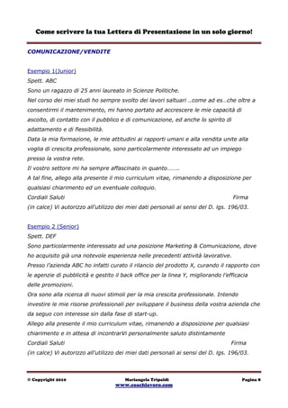 Fac simile lettera presentazione cv