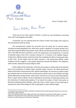 Lettera di risposta di Padoan all'Ue