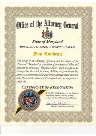 Don L. Rondeau - Letter from Maryland Attorney General_cert_001