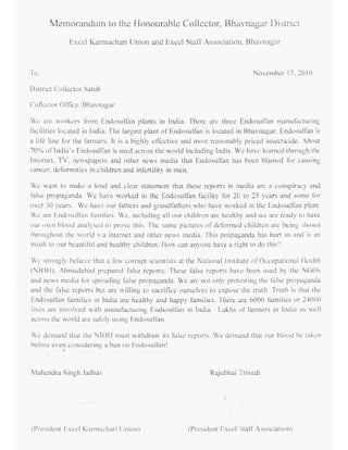 Letter by the endosuflan workers in protest of the ban