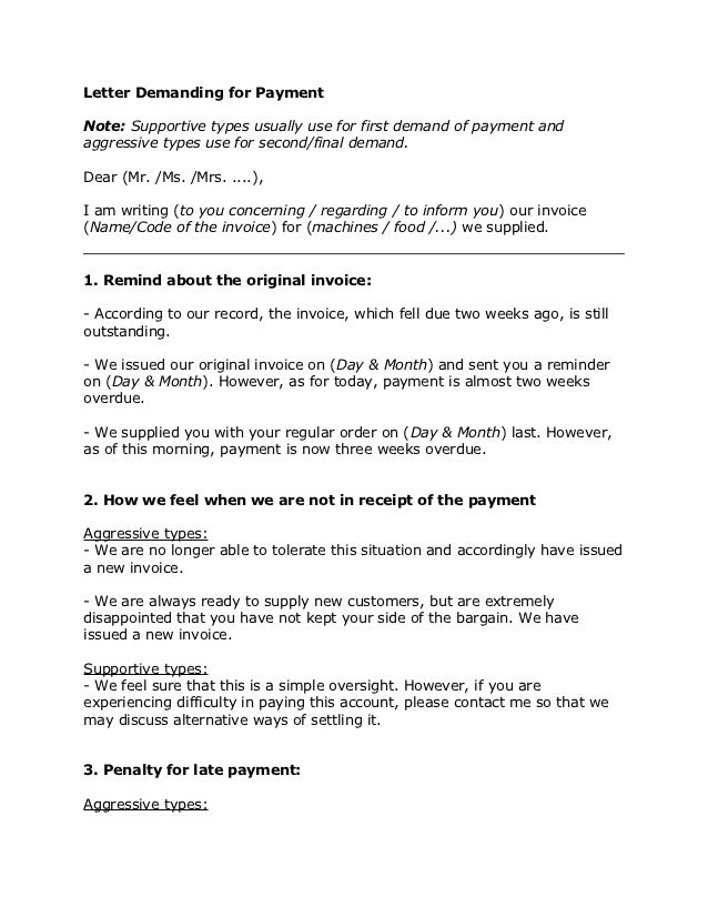 Letter demanding for payment