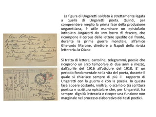 La figura di Ungaretti soldato è strettamente legata
a quella di Ungaretti poeta. Quindi, per
comprendere meglio la prima fase della produzione
ungarettiana, è utile esaminare un epistolario
intitolato Ungaretti da una lastra di deserto, che
ricompone il corpus delle lettere spedite dal fronte,
durante la prima guerra mondiale, all’amico
Gherardo Marone, direttore a Napoli della rivista
letteraria La Diana.
Si tratta di lettere, cartoline, telegrammi, poesie che
ricoprono un arco temporale di due anni e mezzo,
dall’aprile del 1916 all’ottobre del 1918. E’ un
periodo fondamentale nella vita del poeta, durante il
quale si chiarisce sempre di più il rapporto di
Ungaretti con la guerra e con la poesia. In questa
fase appare costante, inoltre, lo scambio tra scrittura
poetica e scrittura epistolare che, per Ungaretti, ha
sempre dignità letteraria e ricopre una funzione non
marginale nel processo elaborativo dei testi poetici.
 