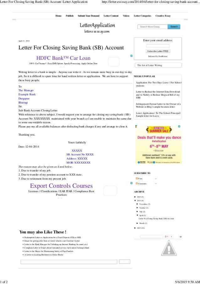 Letter for closing saving bank (sb) account letter application