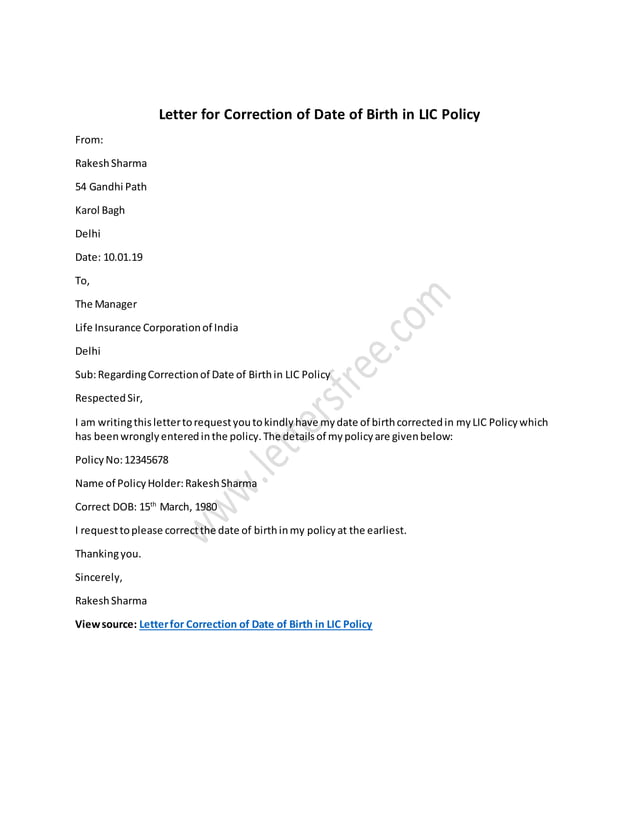 Letter For Correction Of Date Of Birth In Lic Policy letter-for-correction-of-date-of-birth-in-lic-policy