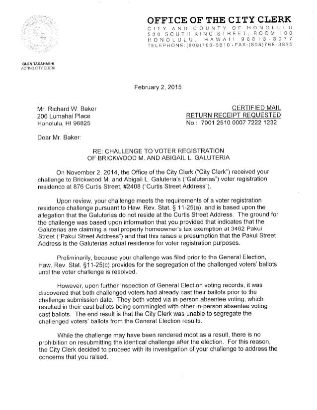 Letter from City Clerk Re: Galuteria complaint