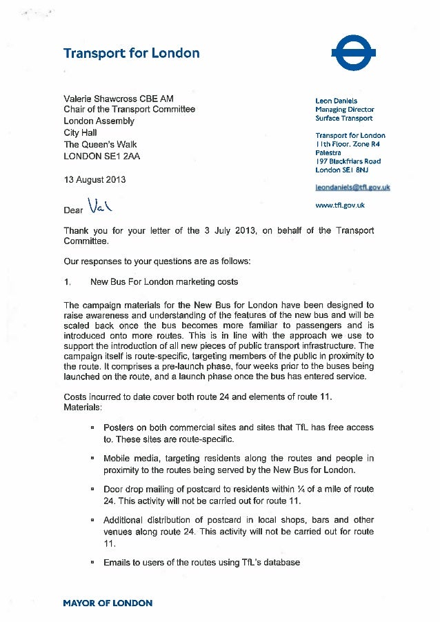 Letter from Leon Daniels to Val Shawcross