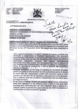 Letter from Permanet Secretary Uganda Ministry of Foreign Affairs