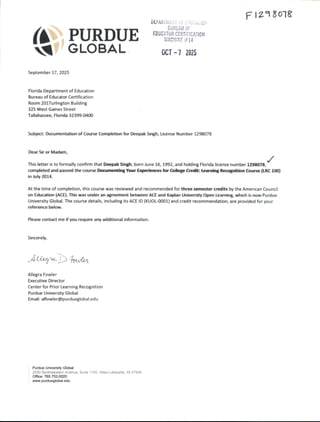 Letter from Purdue University Global for Deepak (Danny) Singh September ...