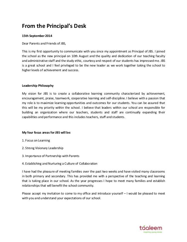 letter from the principal september 2014 letter to principal