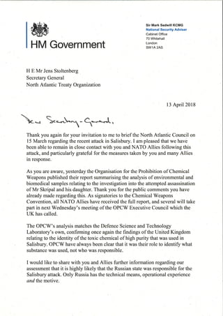Letter to Nato secretary regarding the Salisbury incident