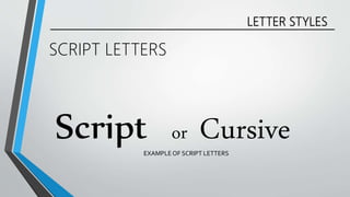 LETTER STYLES
SCRIPT LETTERS
Script or CursiveEXAMPLEOF SCRIPT LETTERS
 