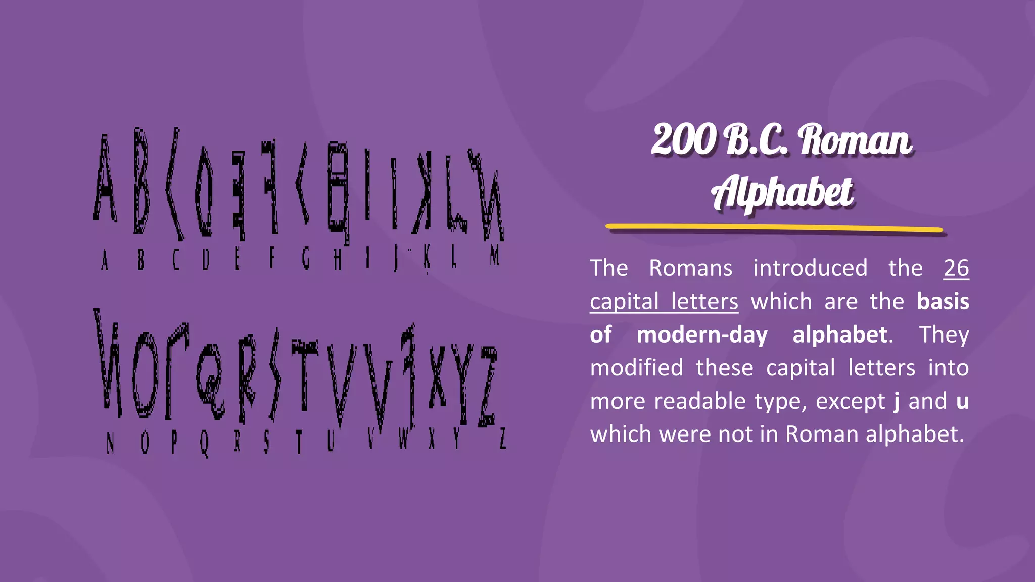 200 B.C. Roman
Alphabet
The Romans introduced the 26
capital letters which are the basis
of modern-day alphabet. They
modified these capital letters into
more readable type, except j and u
which were not in Roman alphabet.
 
