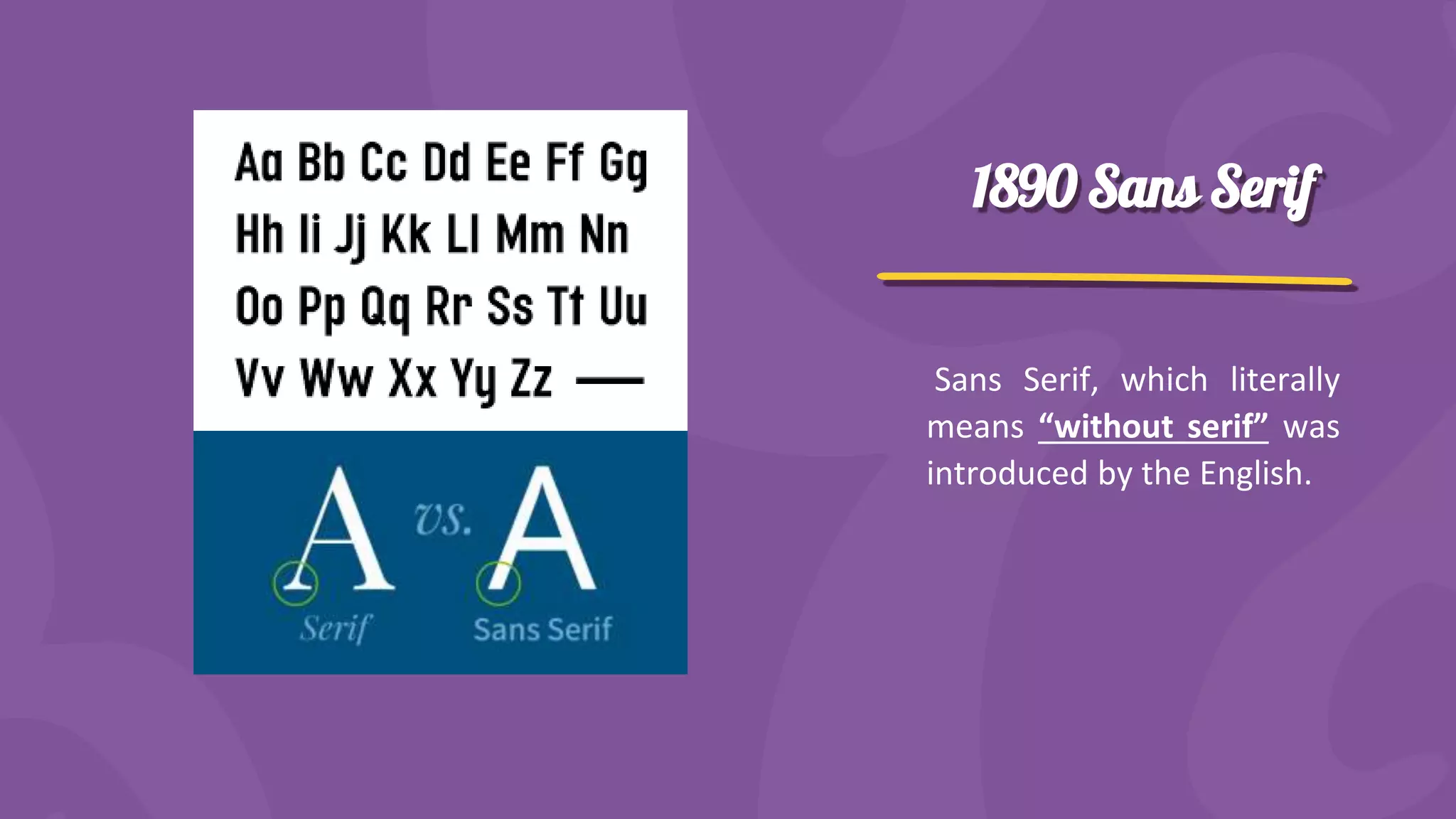 1890 Sans Serif
Sans Serif, which literally
means “without serif” was
introduced by the English.
 