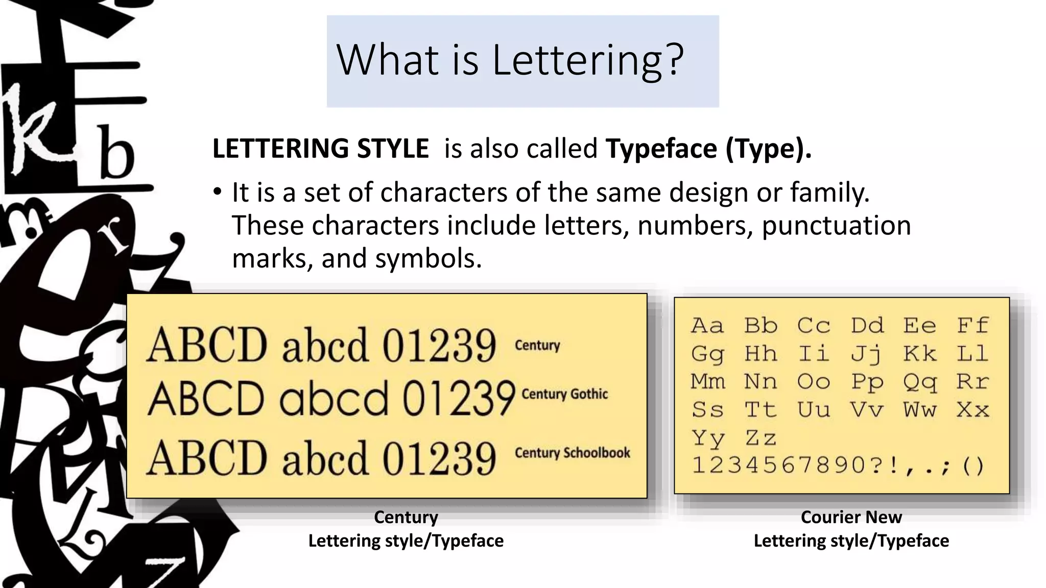 What is Lettering?
LETTERING STYLE is also called Typeface (Type).
• It is a set of characters of the same design or family.
These characters include letters, numbers, punctuation
marks, and symbols.
Courier New
Lettering style/Typeface
Century
Lettering style/Typeface
 