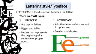 Lettering style/Typeface
LETTER CASE is the distinction between the letters.
There are TWO types:
1. UPPERCASE:
• Are capital letters.
• Bigger and taller.
• Letters that represents
the beginning of a
sentence or proper
noun.
1. LOWERCASE:
• All other letters which are not
in uppercase.
• Smaller and shorter.
Uppercase
Lowercase
 