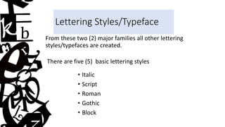 Lettering Styles/Typeface
From these two (2) major families all other lettering
styles/typefaces are created.
There are five (5) basic lettering styles
• Italic
• Script
• Roman
• Gothic
• Block
 