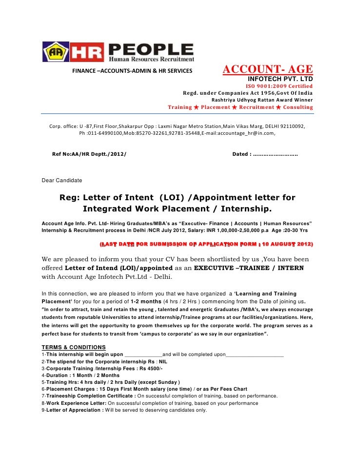 letter of intent loi appointment letter loi format