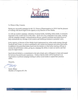 Letter of Recommendation from Congresswoman Sandy Adams