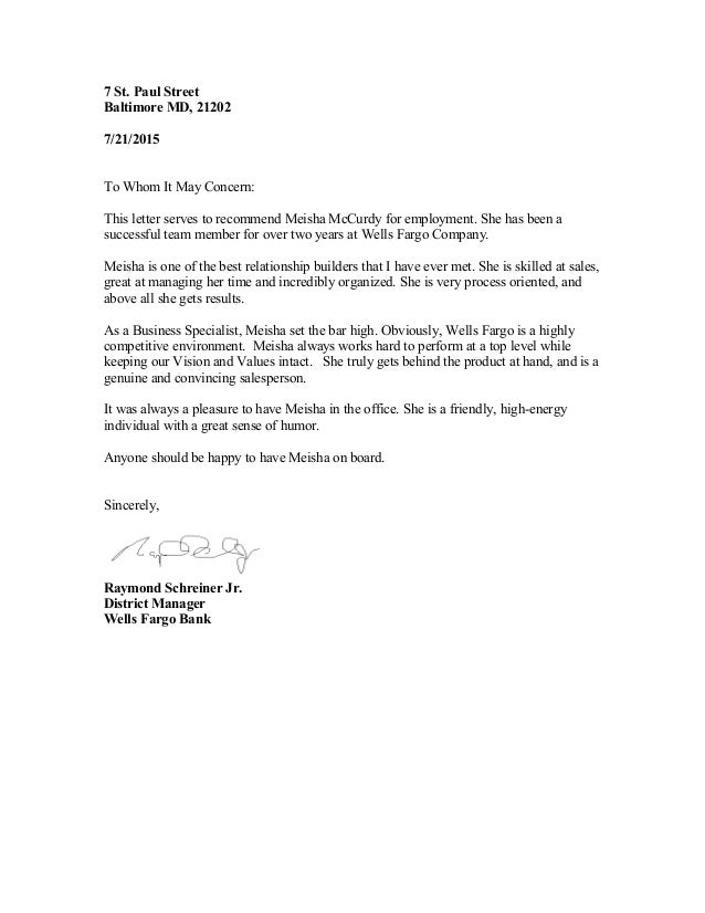 letter of recommendation raymond schreiner district manger wells fa wells fargo bank letter