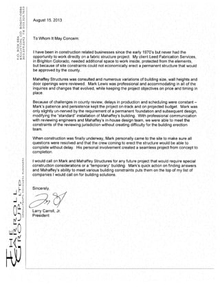 Letter of recommendation from the Carroll Group [testimonial] - Mahaffey Fabric Structures