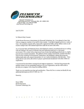 Letter Of Recommendation Plymouth Technology
