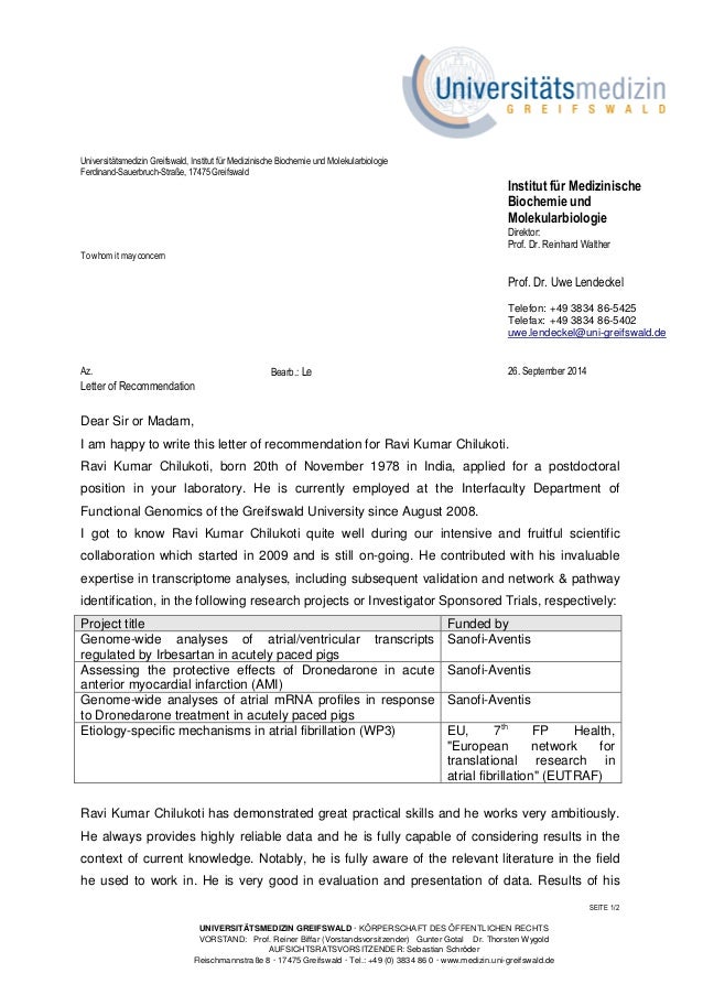 Letter Of Recommendation Prof Dr Uwe Lendeckel