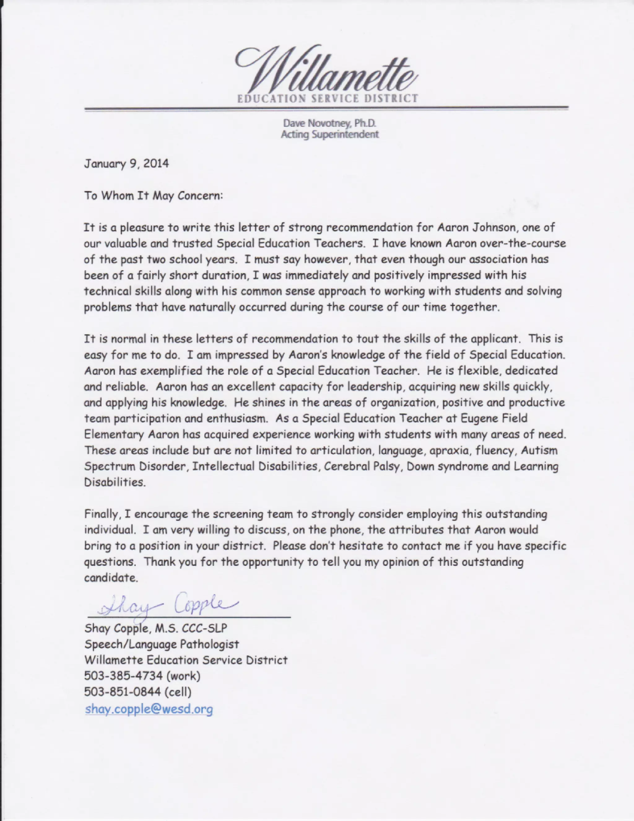 Letter of Recommendation Shay Copple | PDF