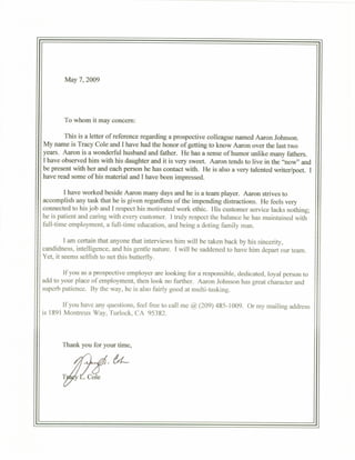 Letter of Recommendation Tracy Cole