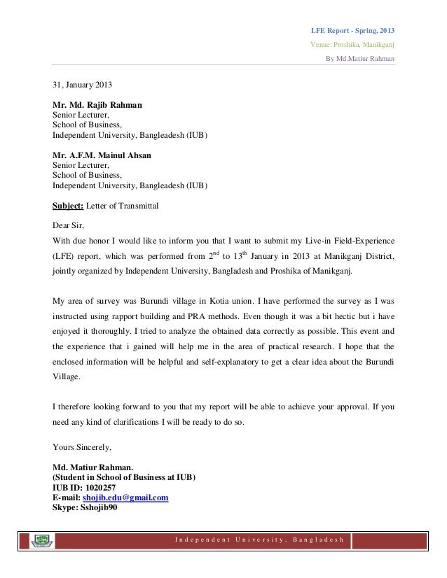 live in field experience lfe final reports letter of transmittal live letter