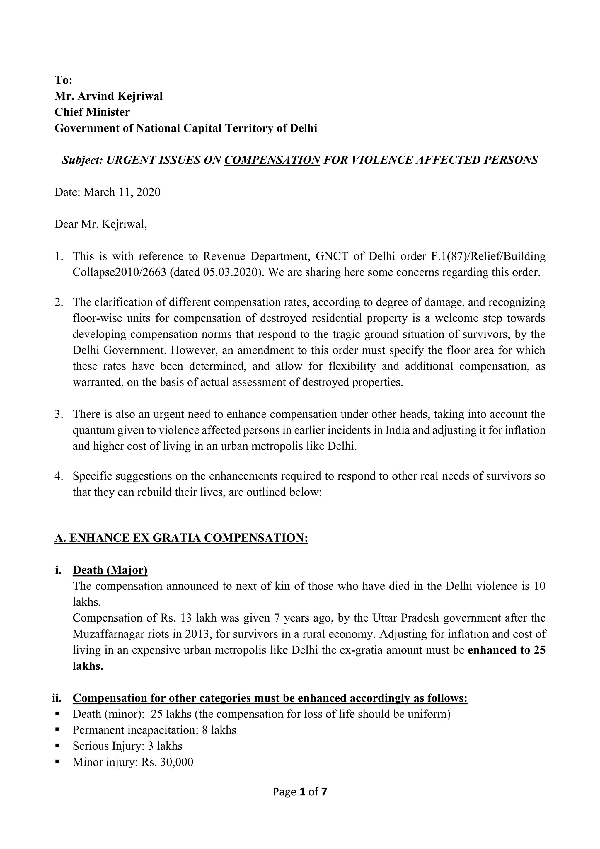 Letter on compensation - Delhi riots | PDF