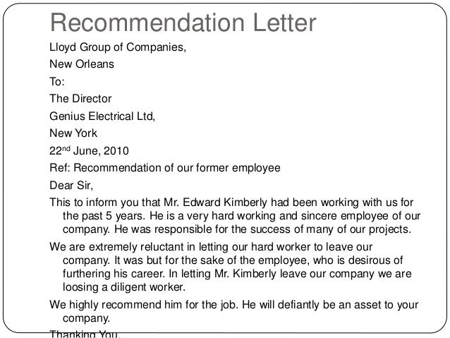 letters of recommendation templates for employees