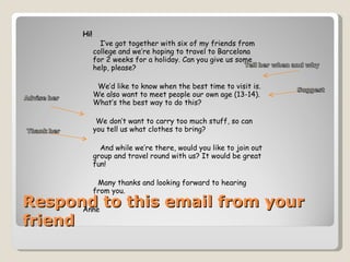 Respond to this email from your friend Hi! I’ve got together with six of my friends from college and we’re hoping to travel to Barcelona for 2 weeks for a holiday. Can you give us some help, please? We’d like to know when the best time to visit is. We also want to meet people our own age (13-14). What’s the best way to do this? We don’t want to carry too much stuff, so can you tell us what clothes to bring? And while we’re there, would you like to join out group and travel round with us? It would be great fun! Many thanks and looking forward to hearing from you. Anne 