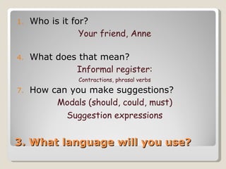 3. What language will you use? Who is it for? Your friend, Anne What does that mean? Informal register: Contractions, phrasal verbs How can you make suggestions? Modals (should, could, must) Suggestion expressions 