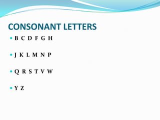 CONSONANT LETTERS
B C D F G H
J K L M N P

Q R S T V W
Y Z

 