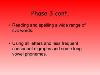 Phase 3 cont. <ul><li>Reading and spelling a wide range of cvc words. </li></ul><ul><li>Using all letters and less frequen...