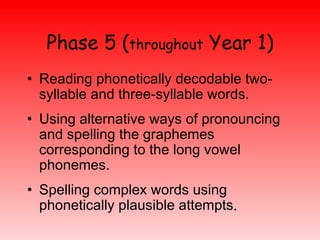 Phase 5 ( throughout  Year 1) <ul><li>Reading phonetically decodable two-syllable and three-syllable words. </li></ul><ul>...