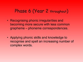 Phase 6 (Year 2  throughout ) <ul><li>Recognising phonic irregularities and becoming more secure with less common grapheme...