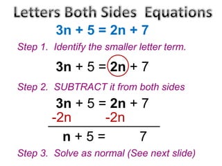 3n + 5 = 2n + 7
Step 1. Identify the smaller letter term.

3n + 5 = 2n + 7
Step 2. SUBTRACT it from both sides

3n + 5 = 2n + 7
-2n
-2n
n+5=
7
Step 3. Solve as normal (See next slide)

 