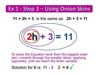 11 = 2h + 3 is the same as 2h + 3 = 11

2h + 3 = 11
To solve the Equation work from the biggest outer
skin, inwards through the smaller skins, applying
opposites, until we reach the letter variable.

Solution for h is 11 - 3

2 =4

 