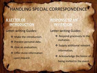 HANDLING SPECIAL CORRESPONDENCE 
A LETTER OF 
INTRODUCTION 
Letter-writing Guides: 
 Make the introduction. 
 Present personal data. 
 Give an evaluation. 
 Offer more information 
upon request. 
RESPONSE TO AN 
INVITATION 
Letter-writing Guides: 
 Respond graciously to the 
invitation. 
 Supply additional relevant 
information. 
 Acknowledge the honor of 
being invited to the event. 
 