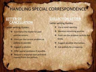 HANDLING SPECIAL CORRESPONDENCE 
LETTER OF 
CANCELLATION 
Letter-writing Guides: 
 Commend the reader for past 
positive actions. 
 Point out the current problem as 
politely as possible. 
 Suggest a solution. 
 Offer special assistance if possible. 
 Request a response soon and word 
request firmly but politely. 
COLLECTION LETTER 
Letter-writing Guides: 
 Use a novel opening. 
 Mention something positive. 
 Point out the problem tactfully but 
firmly. 
 Suggest possible alternatives. 
 Ask politely for a response. 
 