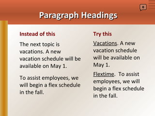 0


        Paragraph Headings
Instead of this              Try this
The next topic is            Vacations. A new
vacations. A new             vacation schedule
vacation schedule will be    will be available on
available on May 1.          May 1.
                             Flextime. To assist
To assist employees, we
                             employees, we will
will begin a flex schedule
                             begin a flex schedule
in the fall.
                             in the fall.
 