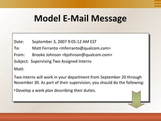 Model E-Mail Message

Date:        September 3, 2007 9:05:12 AM EST
To:          Matt Ferranto <mferranto@qualcom.com>
From:        Brooke Johnson <bjohnson@qualcom.com>
Subject:    Supervising Two Assigned Interns
Matt:
Two interns will work in your department from September 20 through
November 30. As part of their supervision, you should do the following:

    Develop a work plan describing their duties.
 