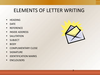 ELEMENTS OF LETTER WRITING
•   HEADING
•   DATE
•   REFERENCE
•   INSIDE ADDRESS
•   SALUTATION
•   SUBJECT
•   BODY
•   COMPLIMENTARY CLOSE
•   SIGNATURE
•   IDENTIFICATION MARKS
•   ENCLOUSERS


                           7
 