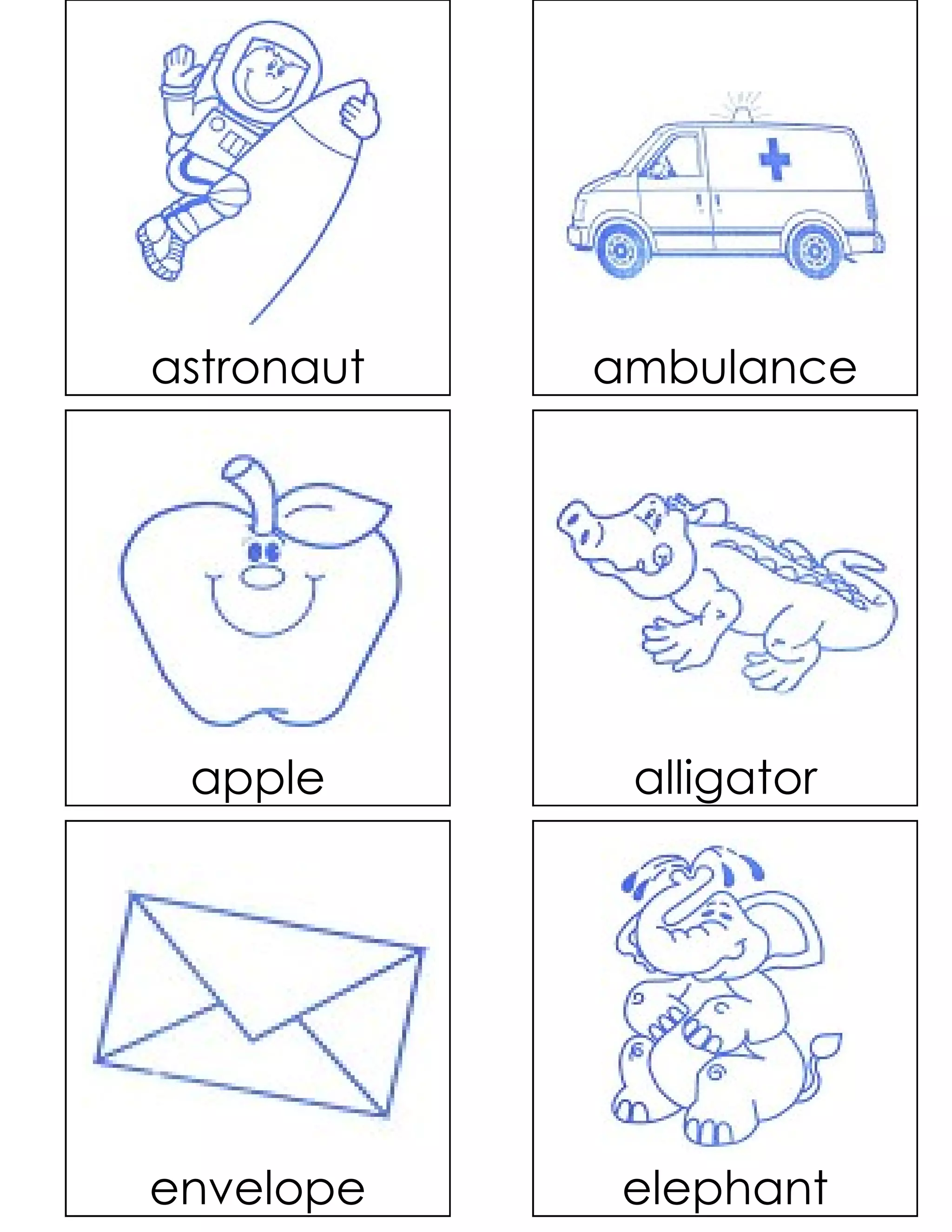 astronaut   ambulance




 apple       alligator




envelope     elephant
 