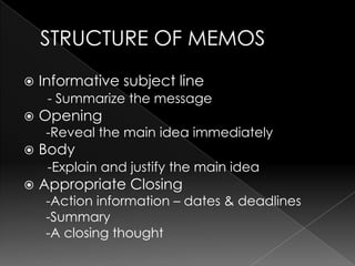 STRUCTURE OF MEMOSInformative subject line- Summarize the messageOpening      -Reveal the main idea immediatelyBody-Explain and justify the main ideaAppropriate Closing      -Action information – dates & deadlines      -Summary      -A closing thought